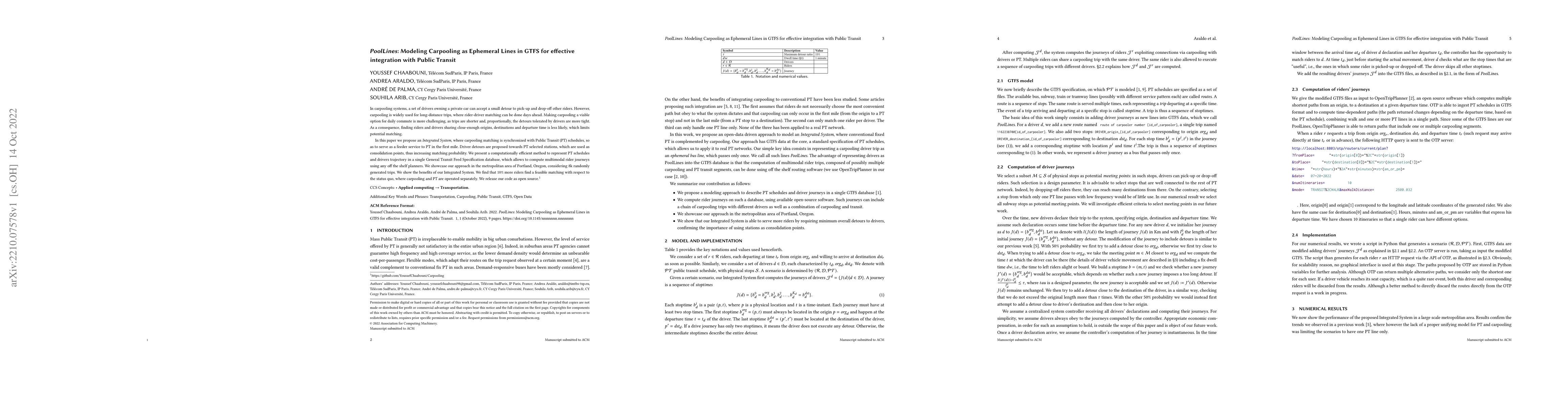 Thumbnail for PoolLines: Modeling Carpooling as Ephemeral Lines in GTFS for effective
  integration with Public Transit