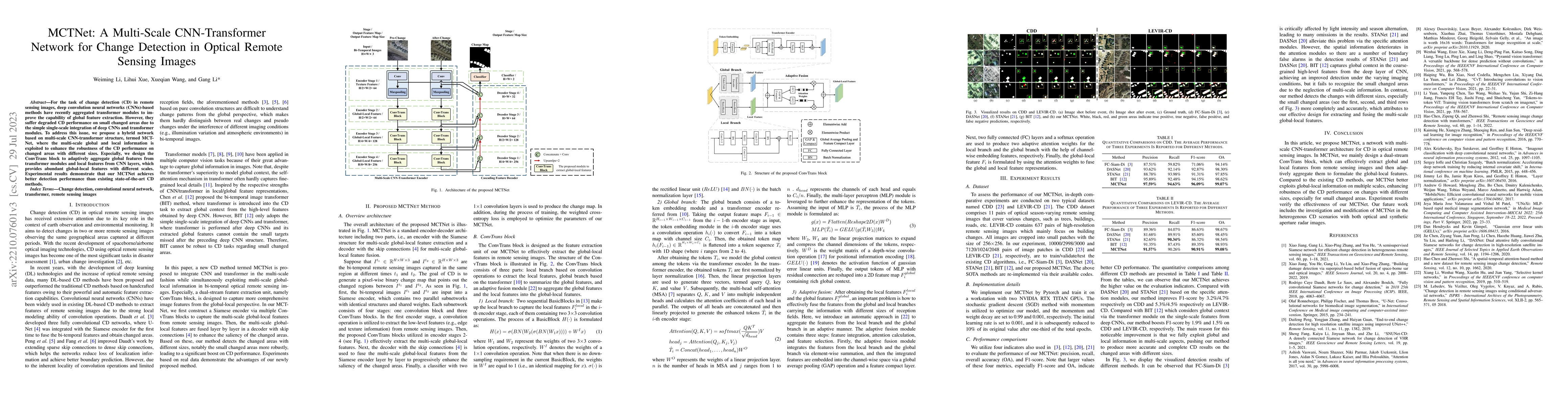 Thumbnail for MCTNet: A Multi-Scale CNN-Transformer Network for Change Detection in
  Optical Remote Sensing Images