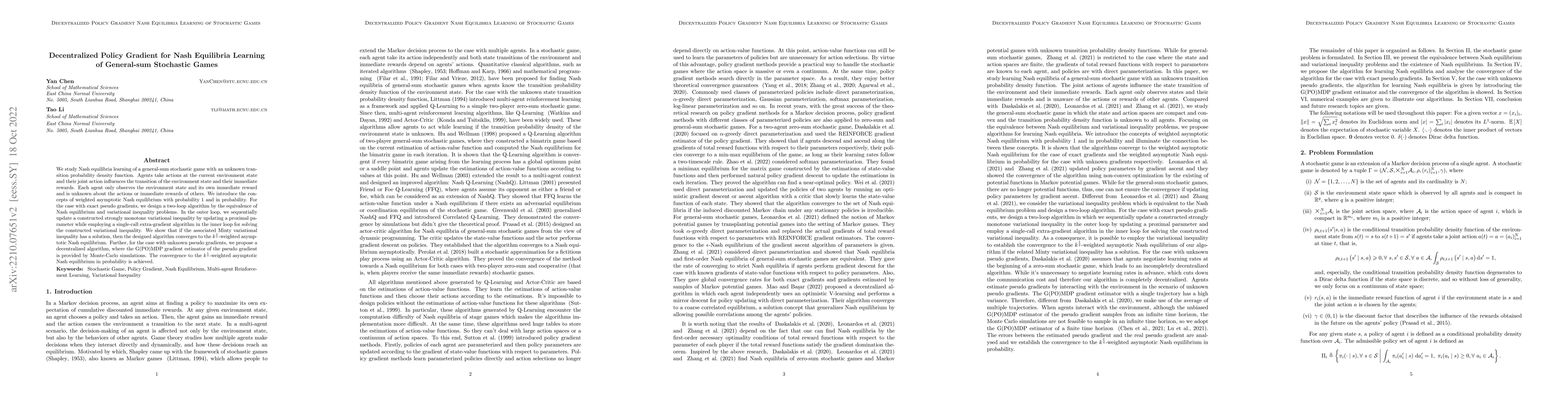 Thumbnail for Decentralized Policy Gradient for Nash Equilibria Learning of
  General-sum Stochastic Games
