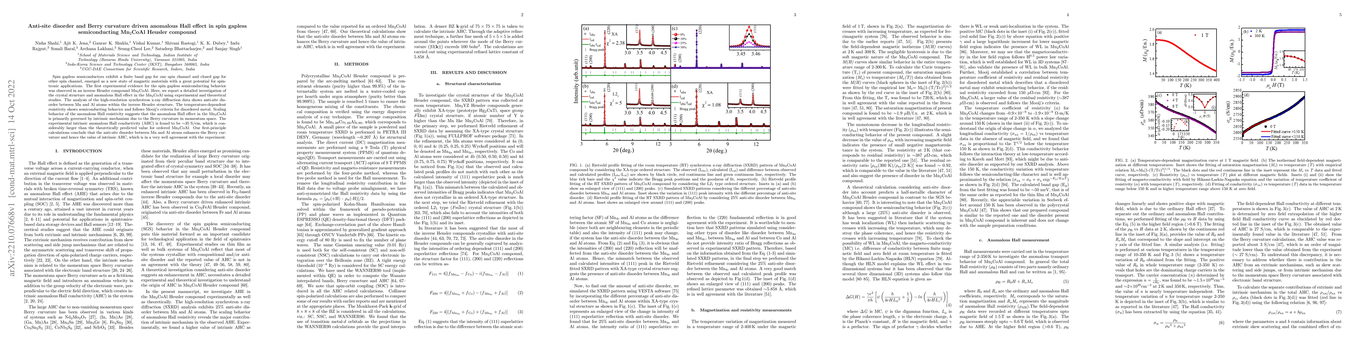 Thumbnail for Anti-site disorder and Berry curvature driven anomalous Hall effect in
  spin gapless semiconducting Mn2CoAl Heusler compound