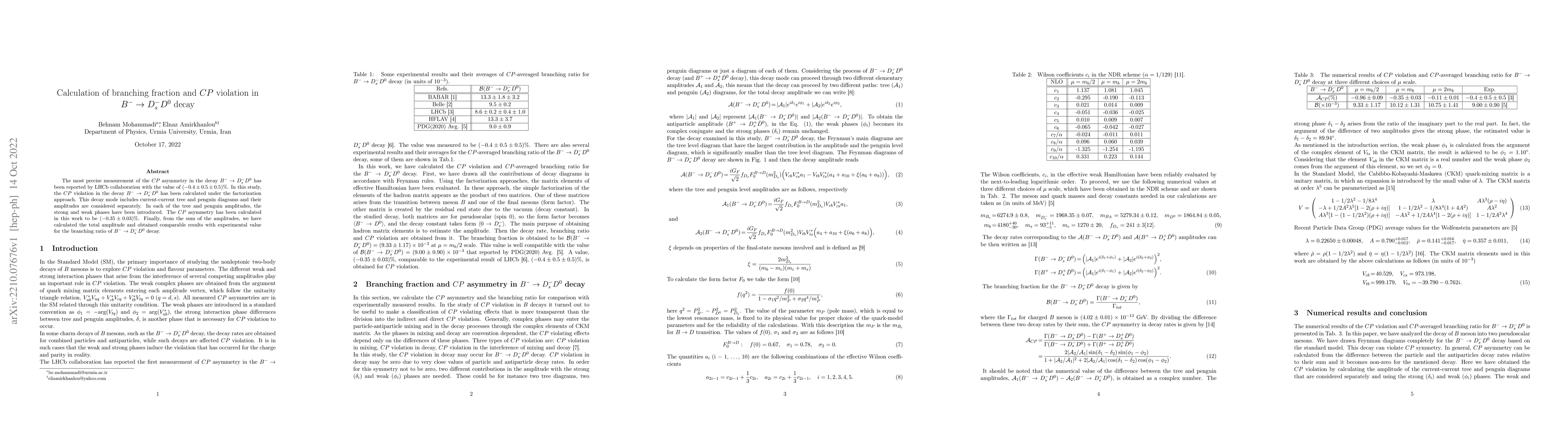 Thumbnail for Calculation of branching fraction and $CP$ violation in $B^-\rightarrow
  D_s^-D^0$ decay