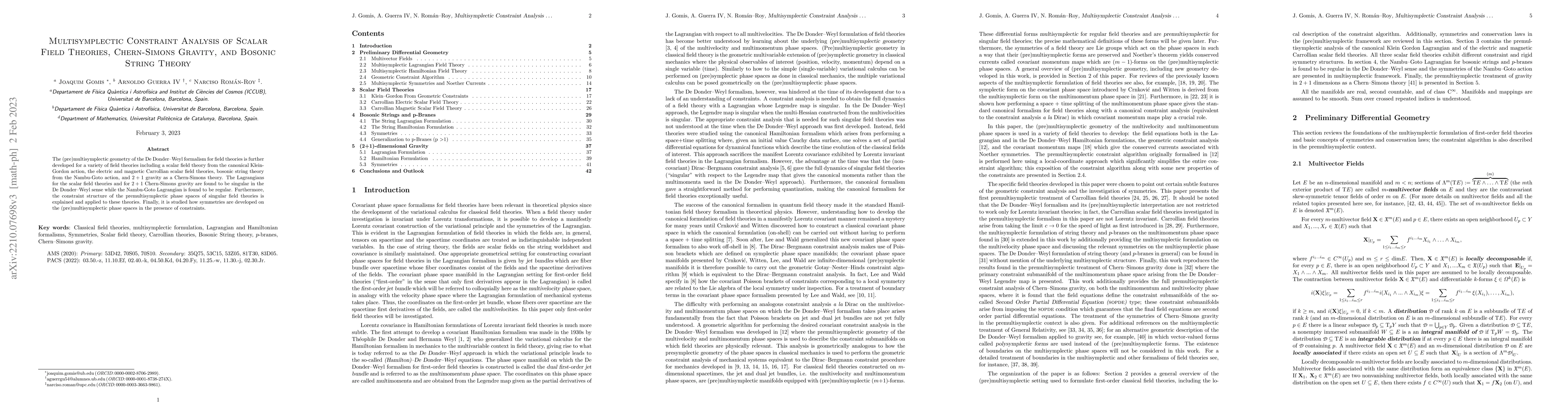 Thumbnail for Multisymplectic Constraint Analysis of Scalar Field Theories,
  Chern-Simons Gravity, and Bosonic String Theory