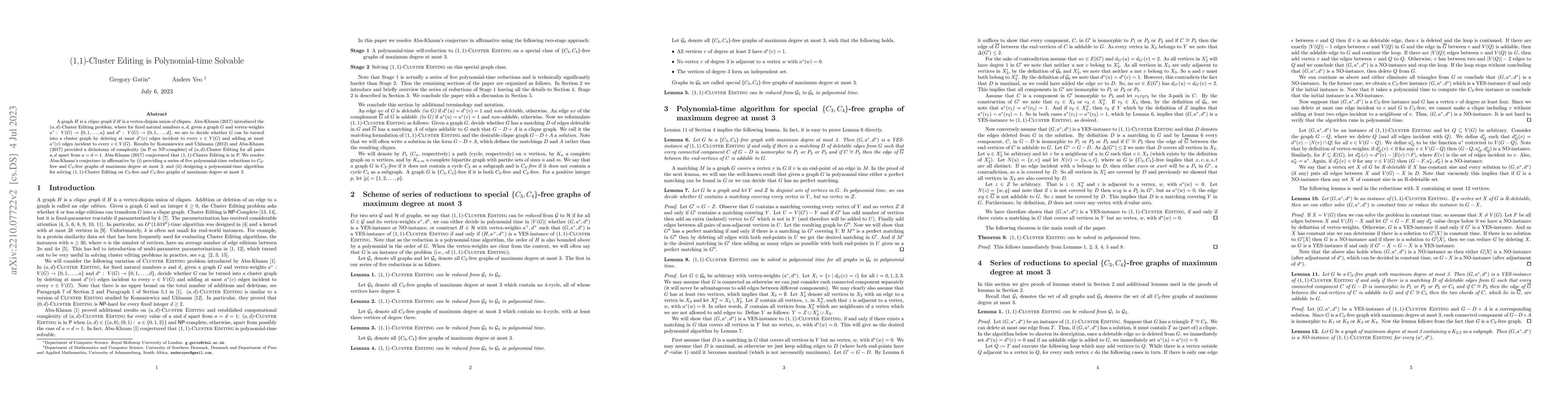 Thumbnail for (1,1)-Cluster Editing is Polynomial-time Solvable