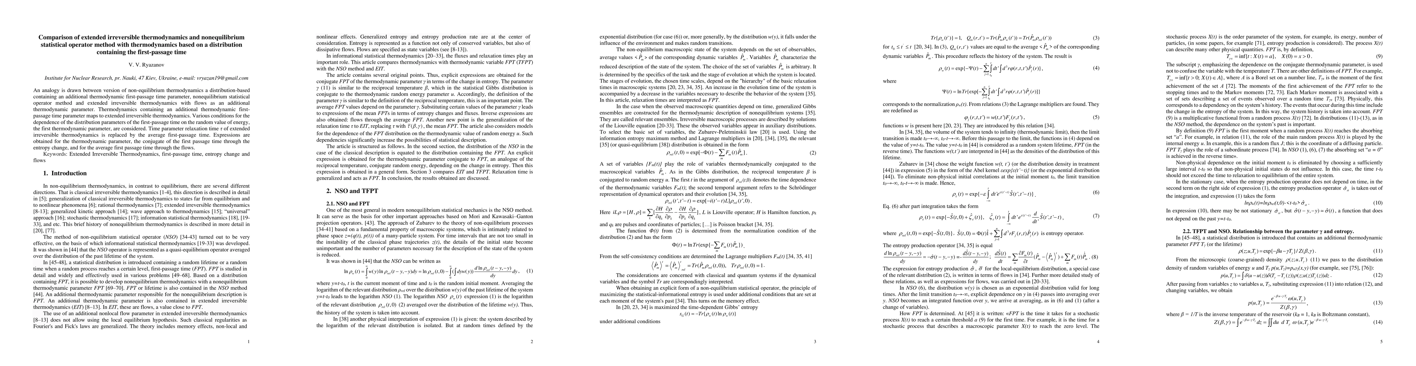 Thumbnail for Comparison of extended irreversible thermodynamics and nonequilibrium
  statistical operator method with thermodynamics based on a distribution
  containing the first-passage time