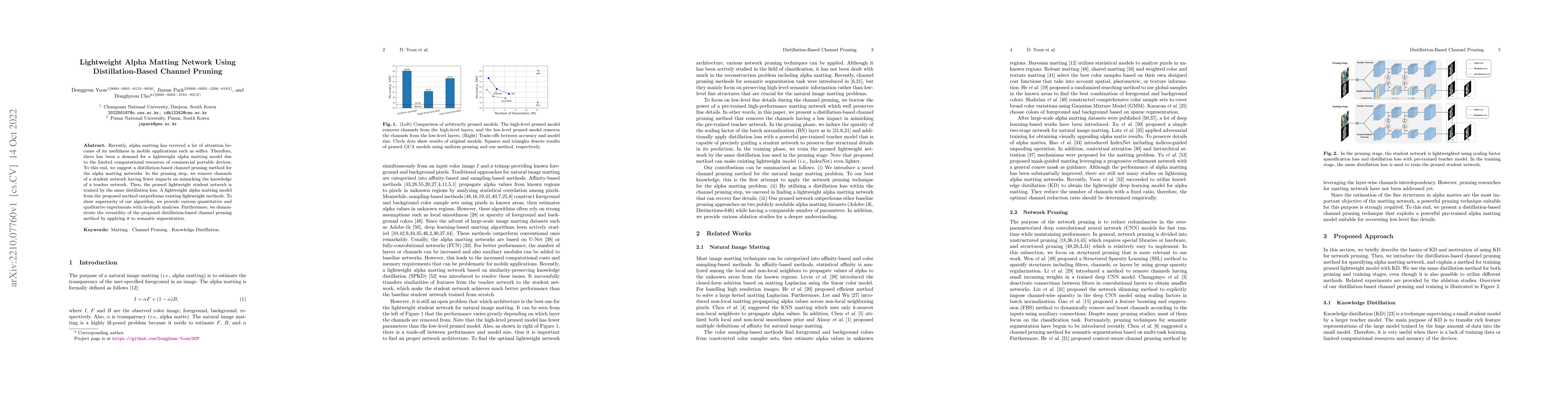 Thumbnail for Lightweight Alpha Matting Network Using Distillation-Based Channel
  Pruning