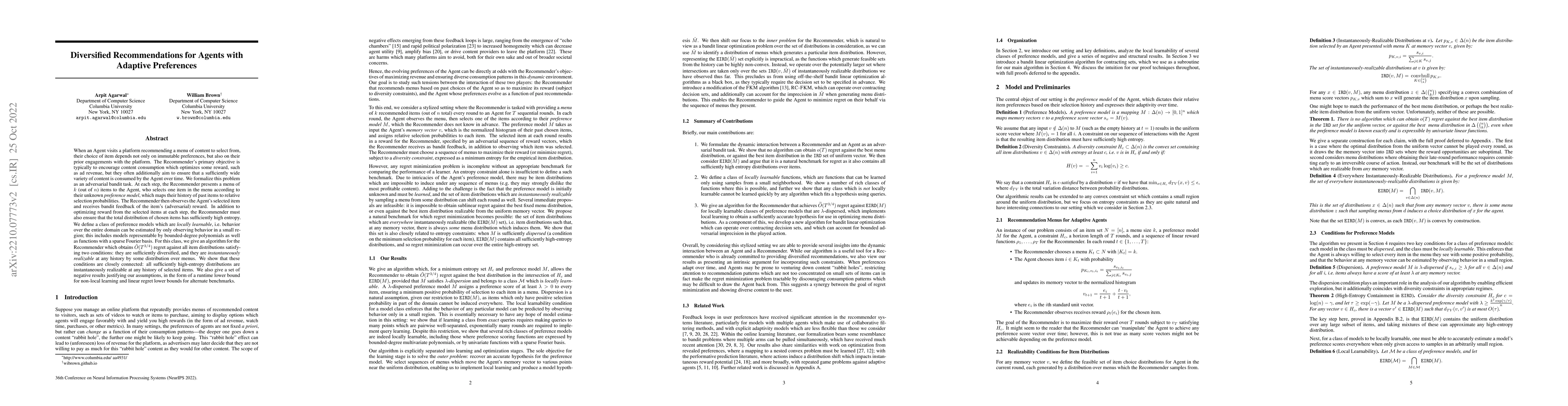 Thumbnail for Diversified Recommendations for Agents with Adaptive Preferences