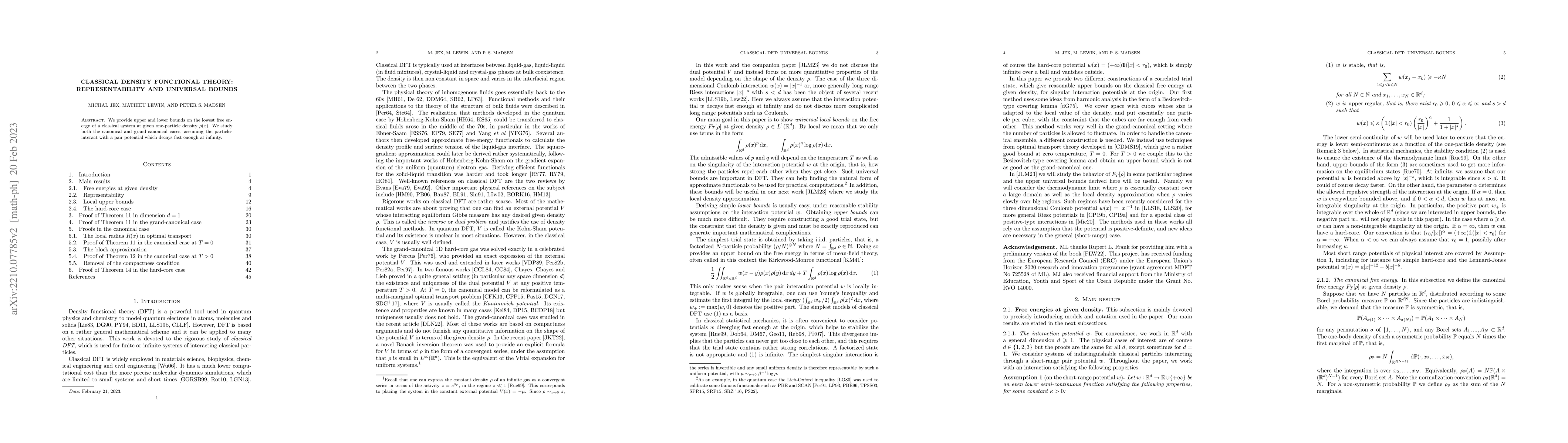 Thumbnail for Classical Density Functional Theory: Representability and Universal
  Bounds