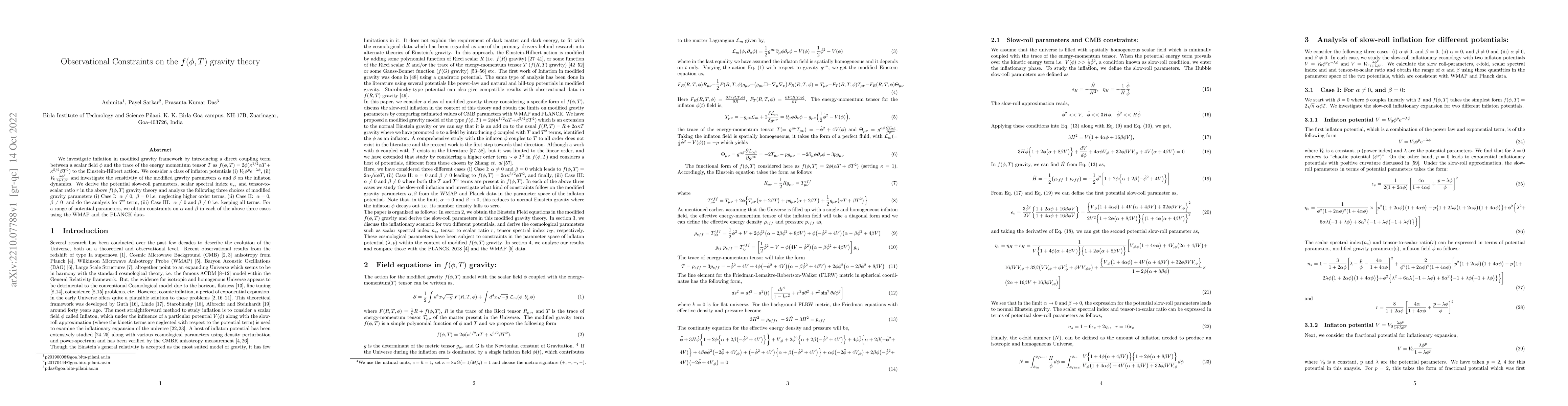 Thumbnail for Observational Constraints on the $f(\phi,T)$ gravity theory