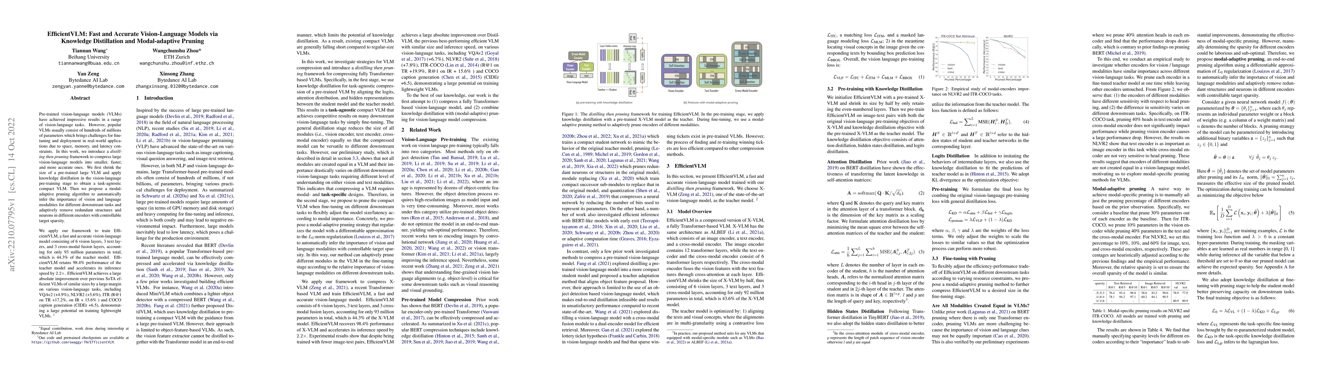 Thumbnail for EfficientVLM: Fast and Accurate Vision-Language Models via Knowledge
  Distillation and Modal-adaptive Pruning