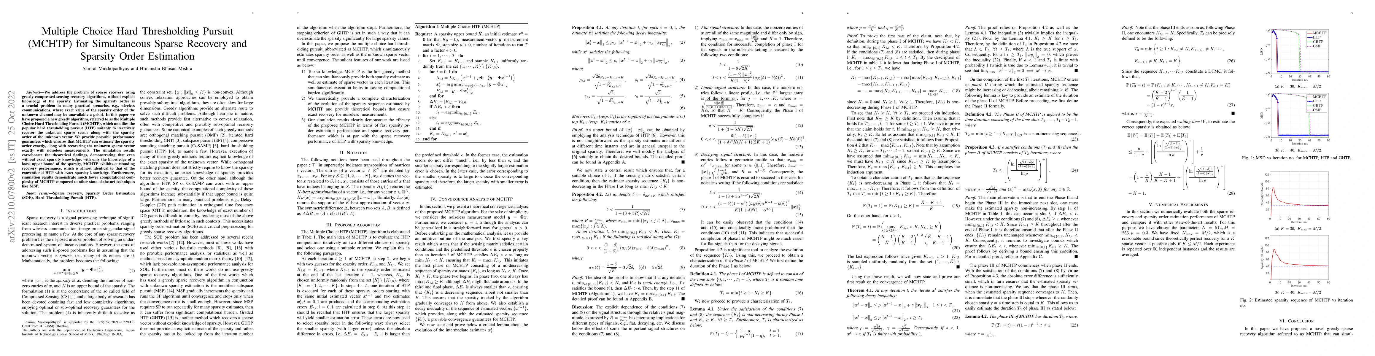 Thumbnail for Multiple Choice Hard Thresholding Pursuit (MCHTP) for Simultaneous
  Sparse Recovery and Sparsity Order Estimation
