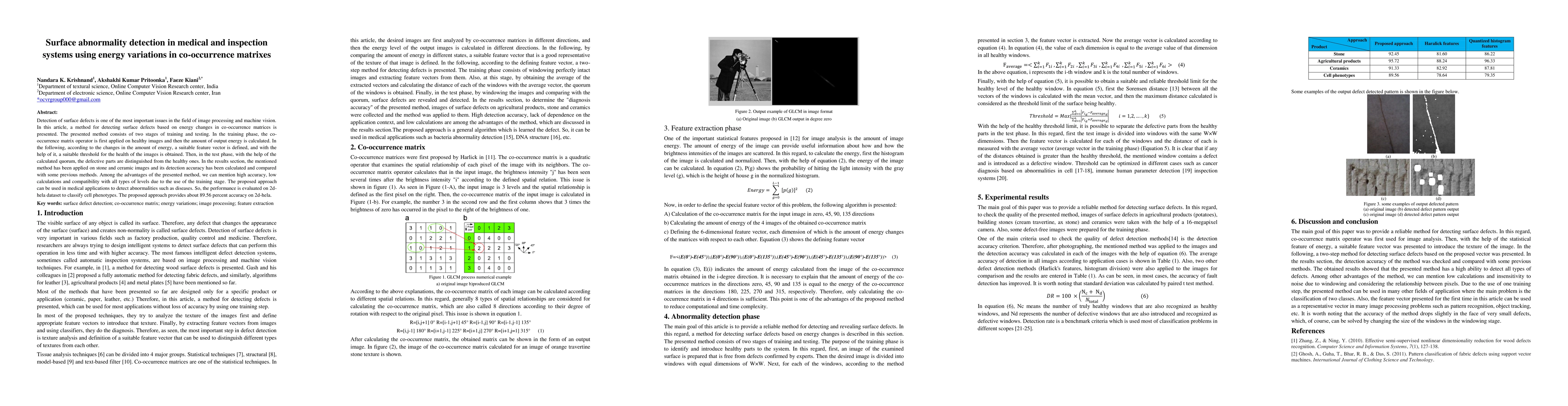 Thumbnail for Surface abnormality detection in medical and inspection systems using
  energy variations in co-occurrence matrixes