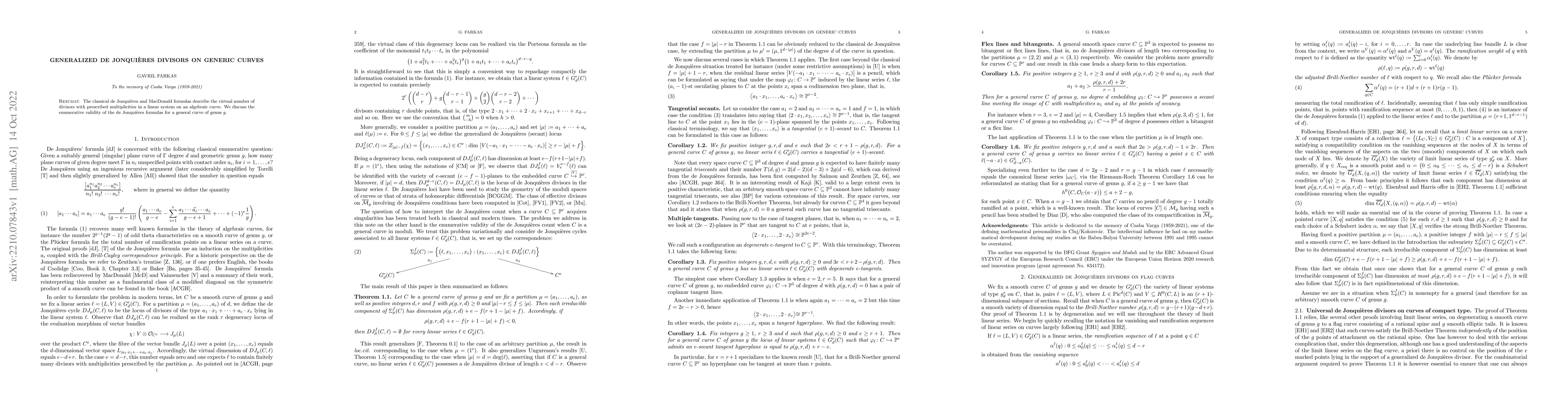 Thumbnail for Generalized De Jonquieres divisors on generic curves