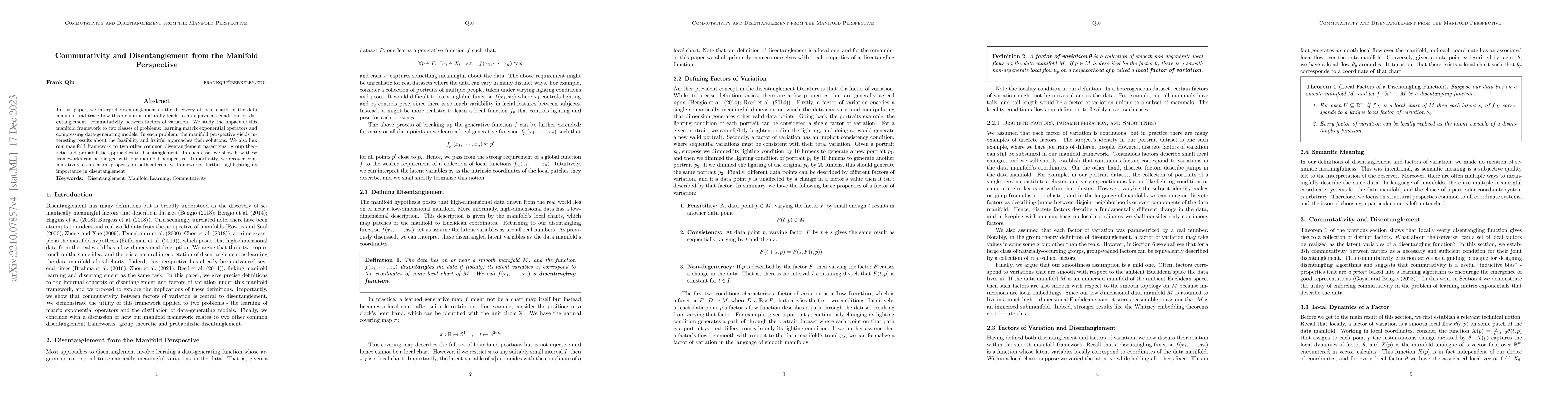 Thumbnail for Commutativity and Disentanglement from the Manifold Perspective