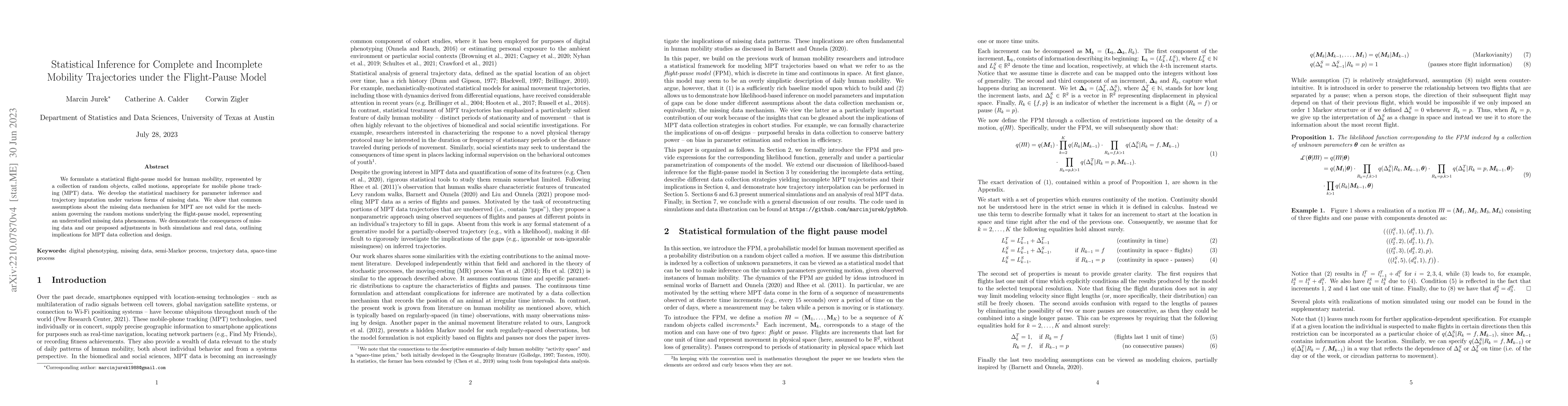 Thumbnail for Statistical Inference for Complete and Incomplete Mobility Trajectories
  under the Flight-Pause Model
