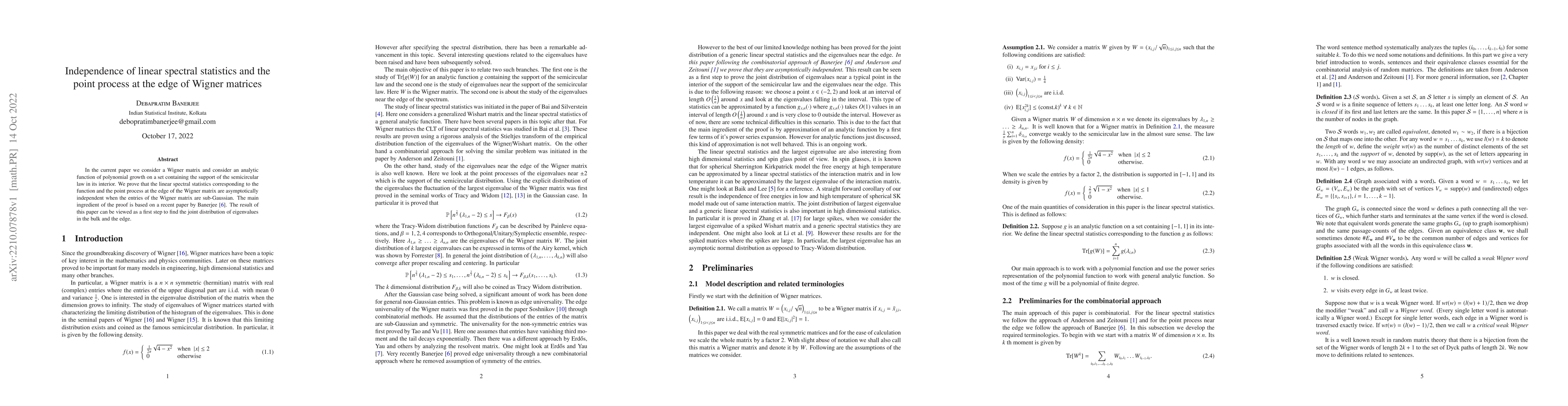 Thumbnail for Independence of linear spectral statistics and the point process at the
  edge of Wigner matrices
