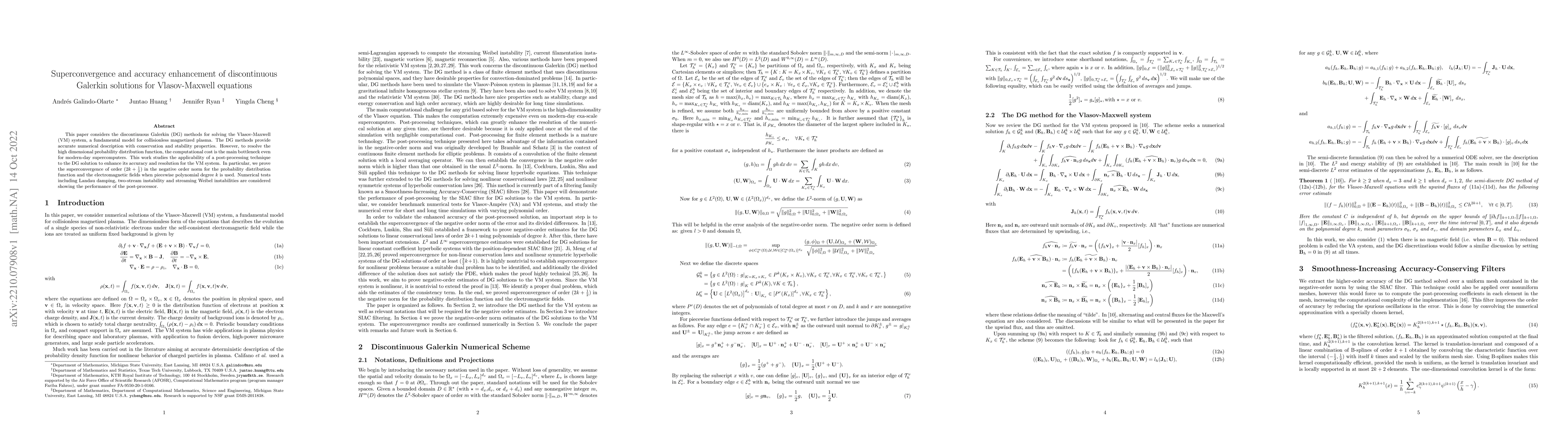 Thumbnail for Superconvergence and accuracy enhancement of discontinuous Galerkin
  solutions for Vlasov-Maxwell equations