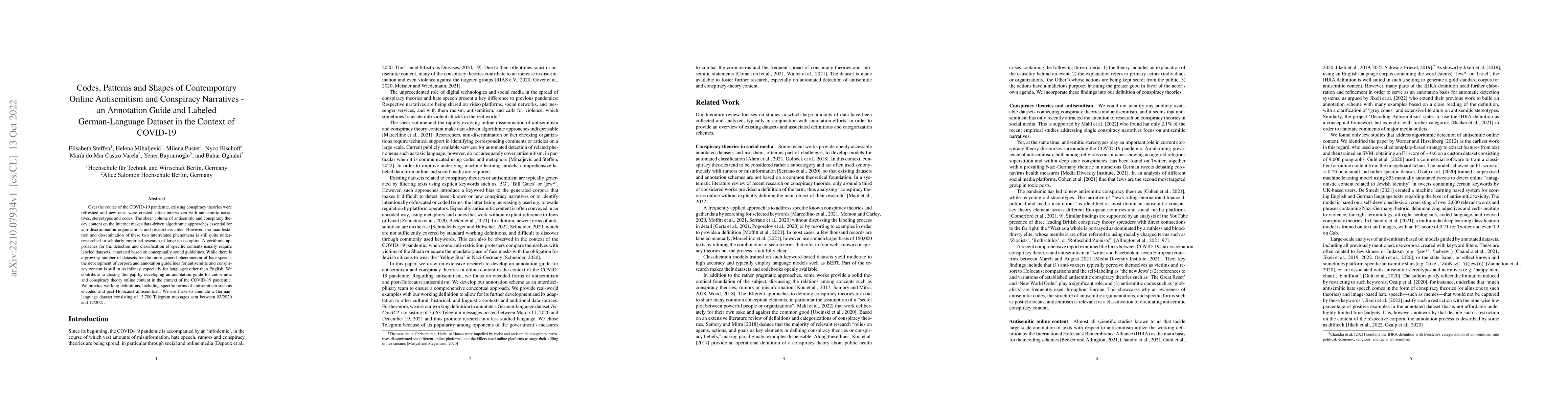 Thumbnail for Codes, Patterns and Shapes of Contemporary Online Antisemitism and
  Conspiracy Narratives -- an Annotation Guide and Labeled German-Language
  Dataset in the Context of COVID-19