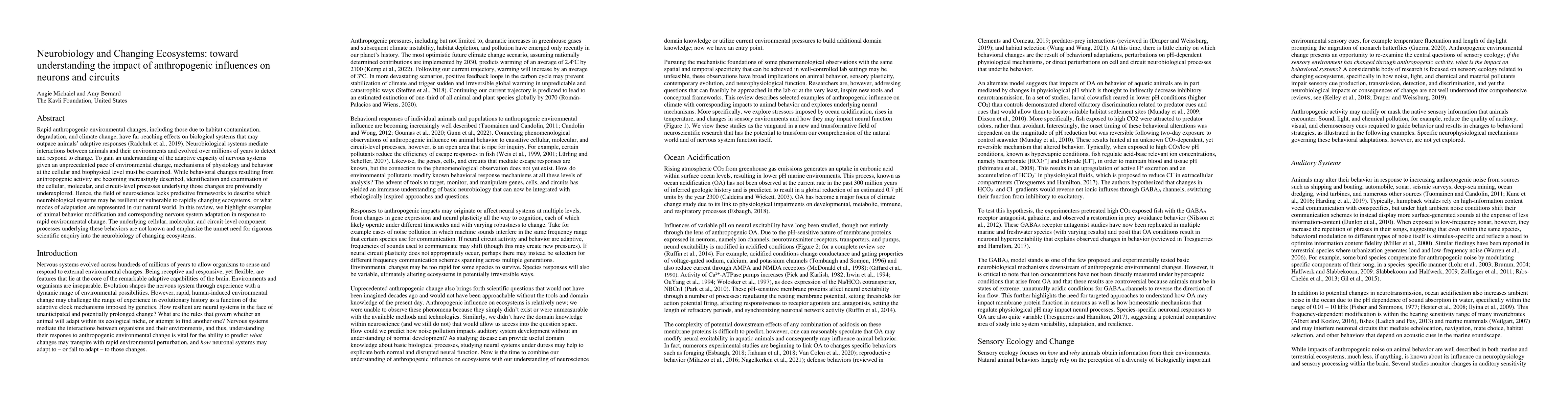 Thumbnail for Neurobiology and Changing Ecosystems: toward understanding the impact of
  anthropogenic influences on neurons and circuits