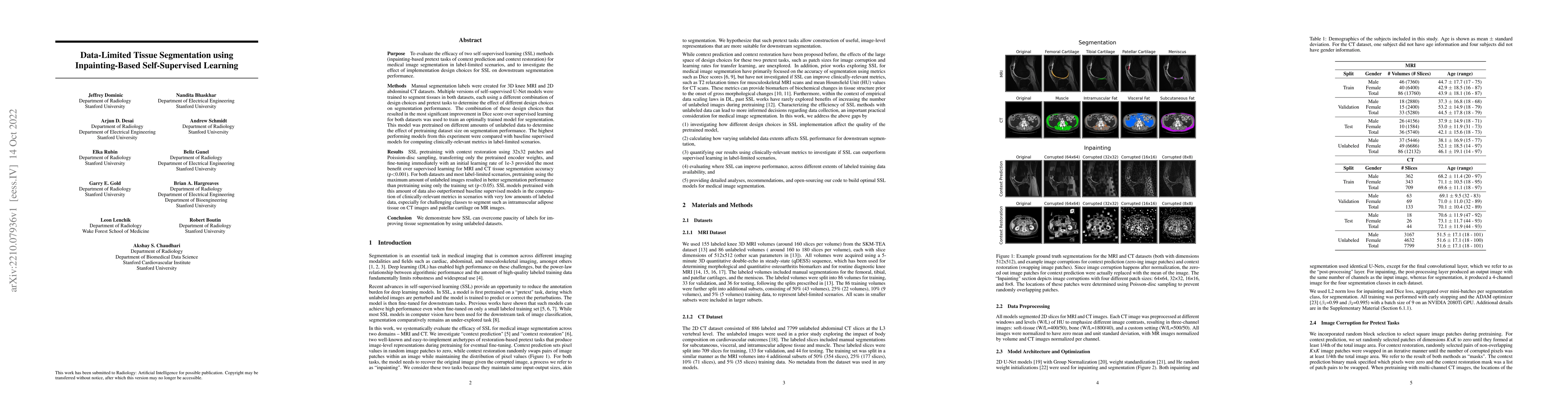 Thumbnail for Data-Limited Tissue Segmentation using Inpainting-Based Self-Supervised
  Learning