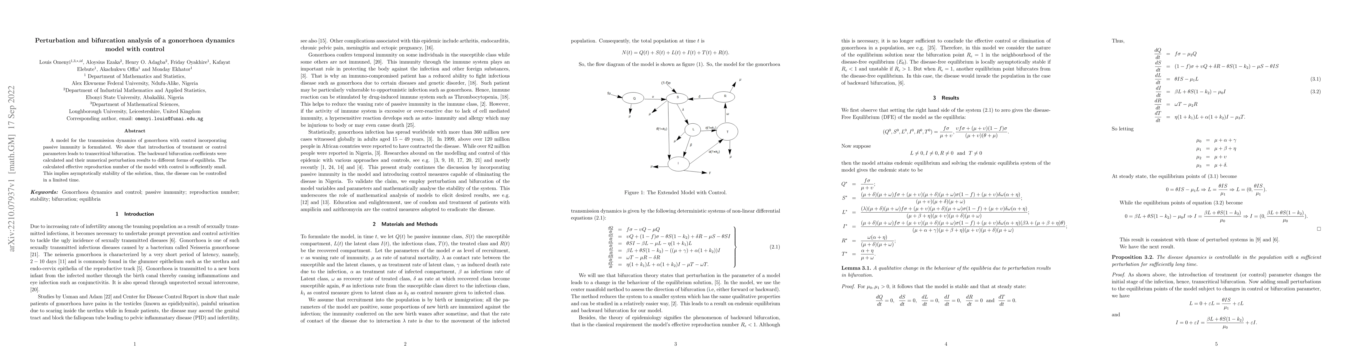 Thumbnail for Perturbation and bifurcation analysis of a gonorrhoea dynamics model
  with control