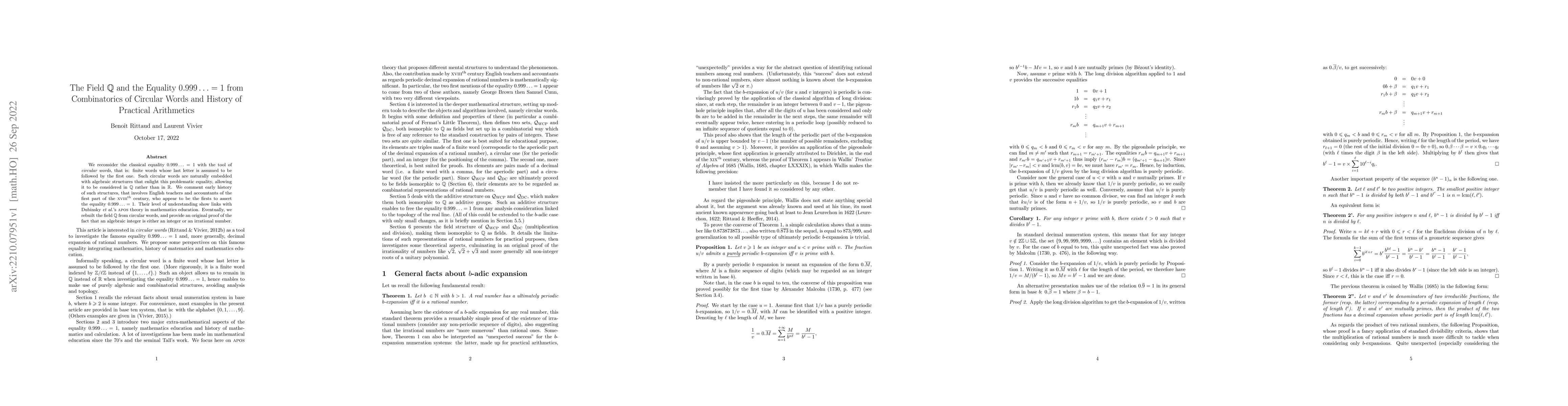 Thumbnail for The Field Q and the Equality 0.999 . . . = 1 from Combinatorics of
  Circular Words and History of Practical Arithmetics