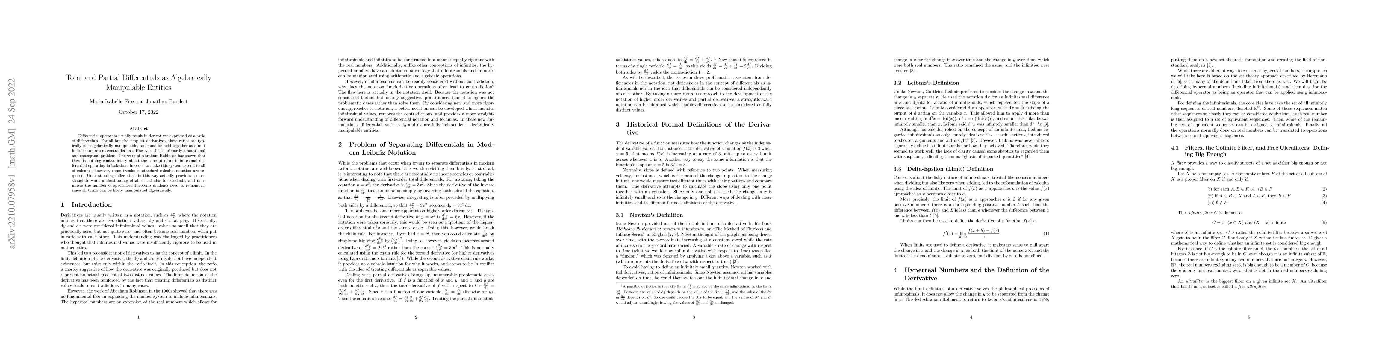 Thumbnail for Total and Partial Differentials as Algebraically Manipulable Entities