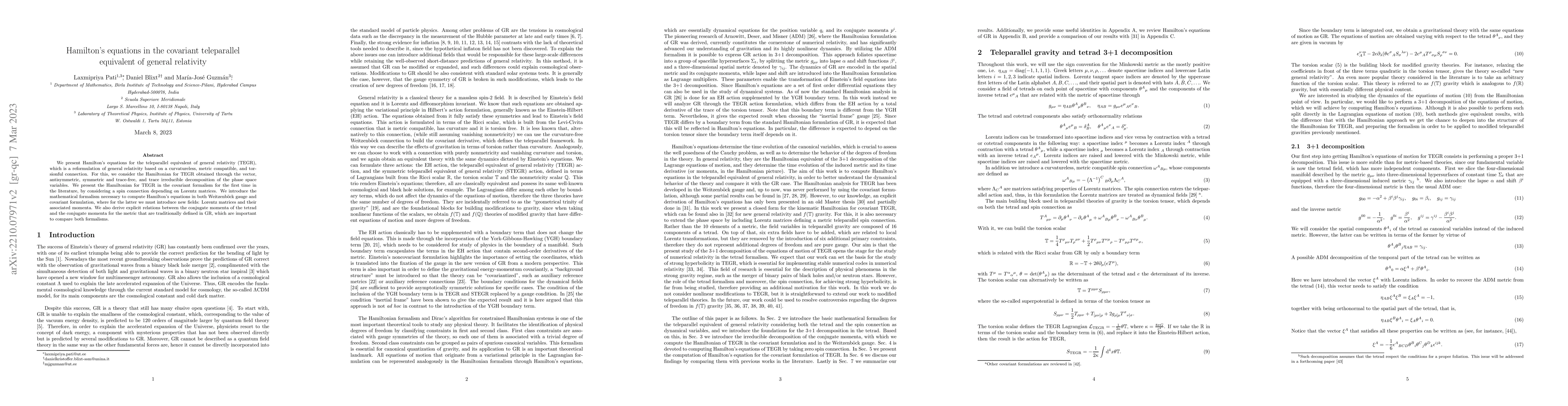 Thumbnail for Hamilton's equations in the covariant teleparallel equivalent of general
  relativity