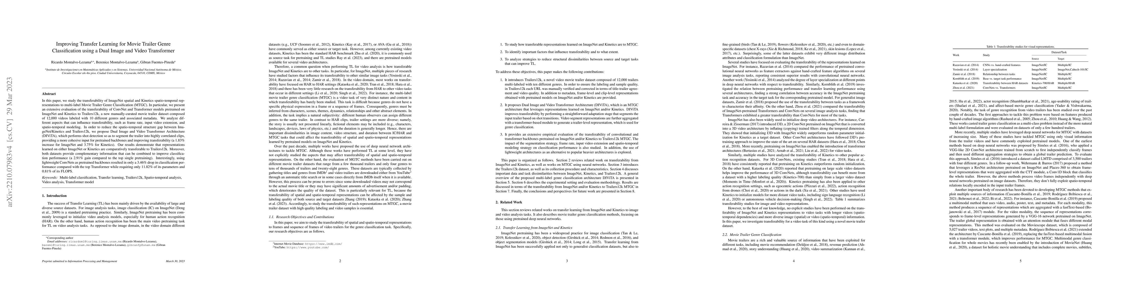 Thumbnail for Improving Transfer Learning with a Dual Image and Video Transformer for
  Multi-label Movie Trailer Genre Classification