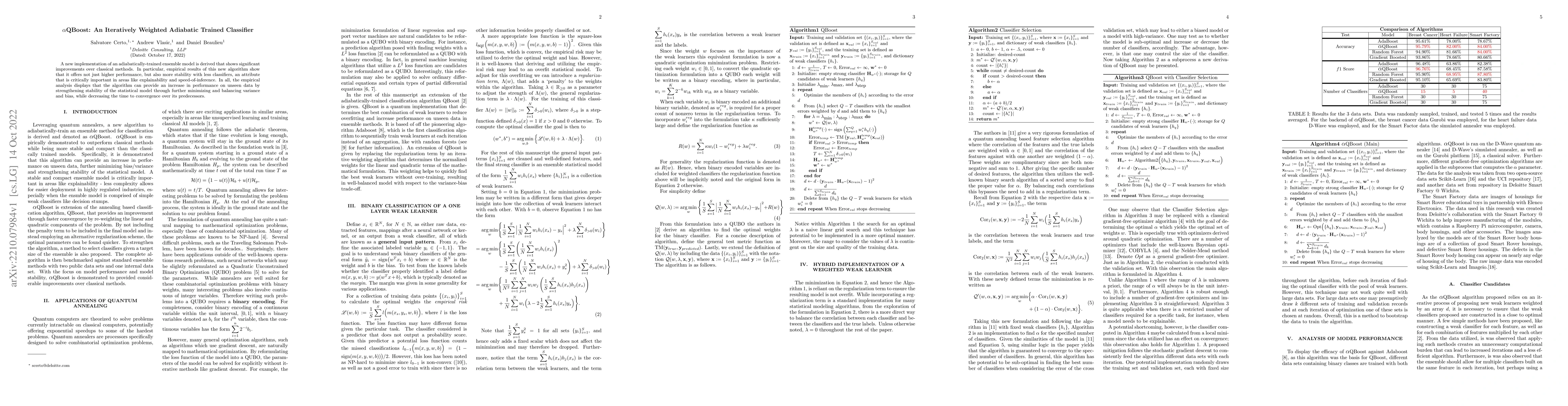 Thumbnail for $\alpha$QBoost: An Iteratively Weighted Adiabatic Trained Classifier