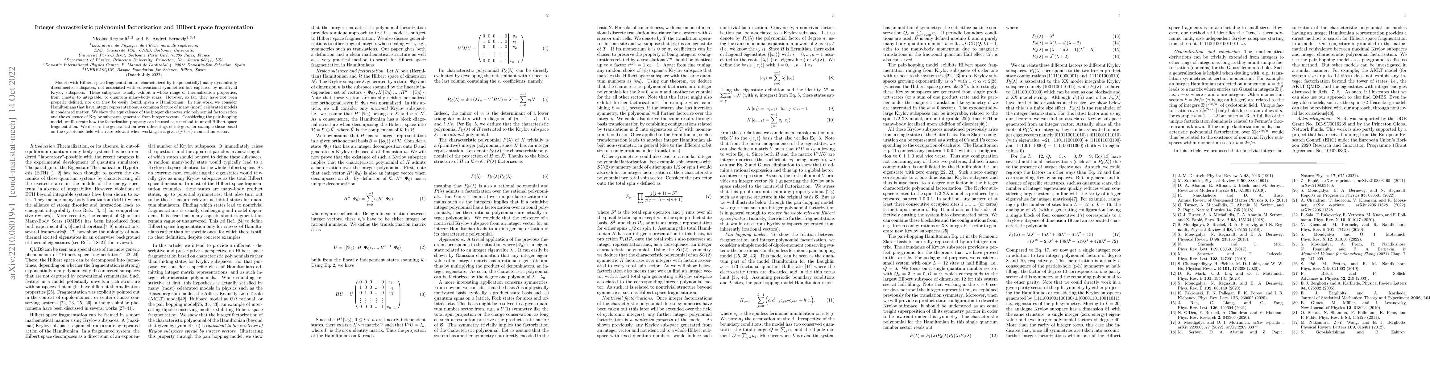Thumbnail for Integer characteristic polynomial factorization and Hilbert space
  fragmentation
