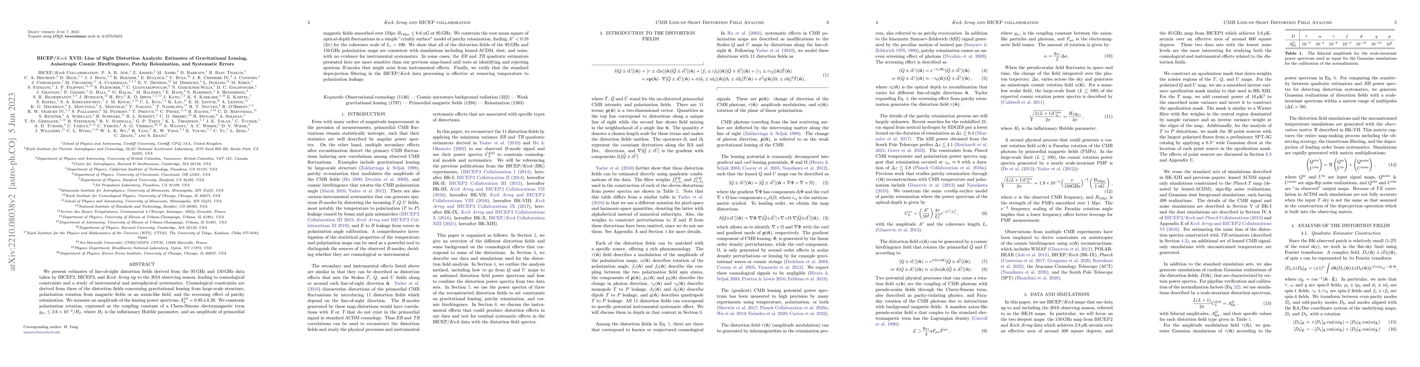 Thumbnail for BICEP / Keck XVII: Line of Sight Distortion Analysis: Estimates of
  Gravitational Lensing, Anisotropic Cosmic Birefringence, Patchy Reionization,
  and Systematic Errors