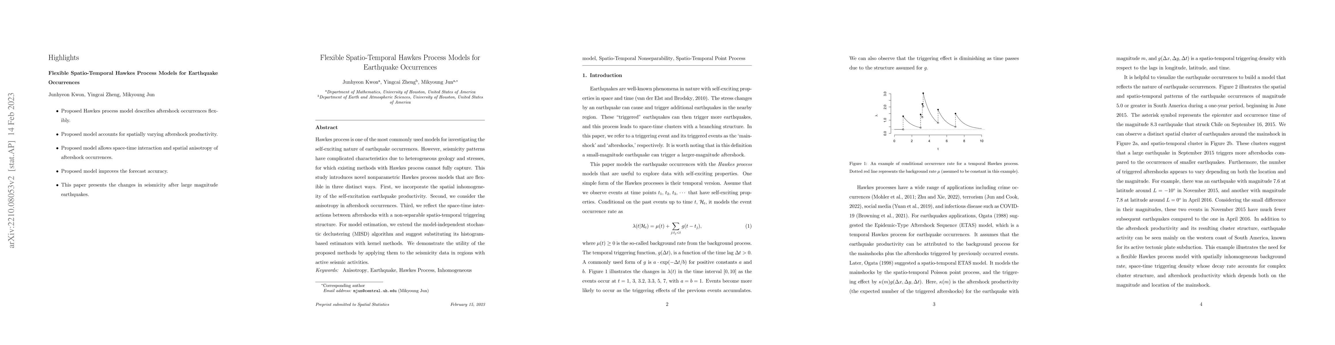 Thumbnail for Flexible Spatio-Temporal Hawkes Process Models for Earthquake
  Occurrences