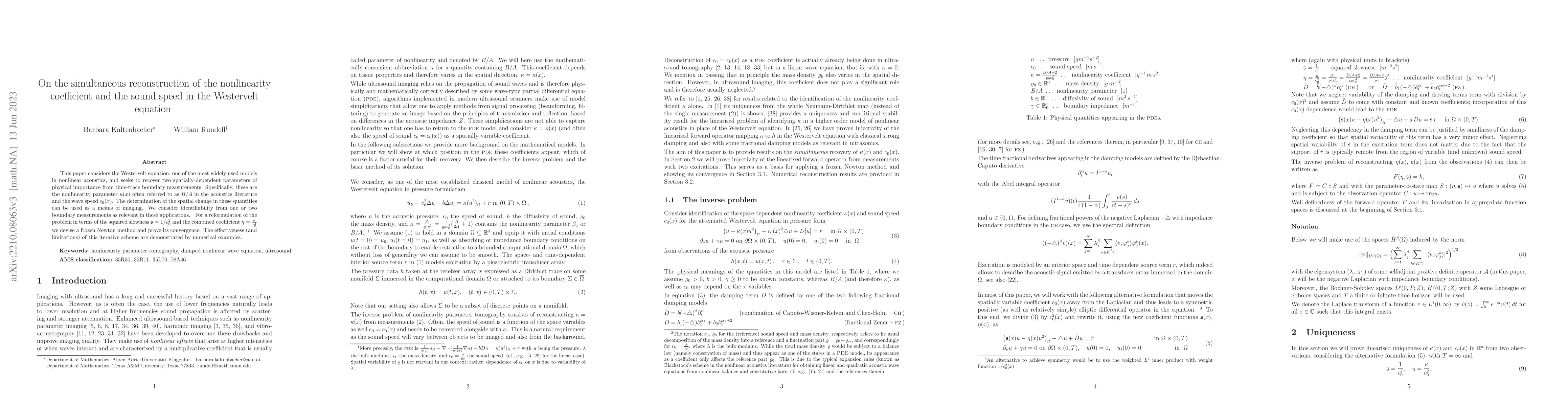 Thumbnail for On the simultanenous identification of the nonlinearity coefficient and
  the sound speed in the Westervelt equation