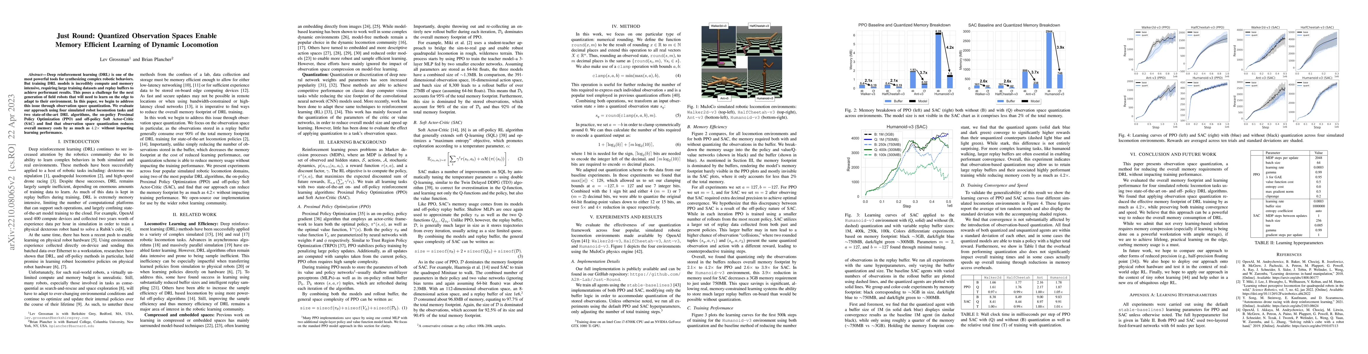 Thumbnail for Just Round: Quantized Observation Spaces Enable Memory Efficient
  Learning of Dynamic Locomotion