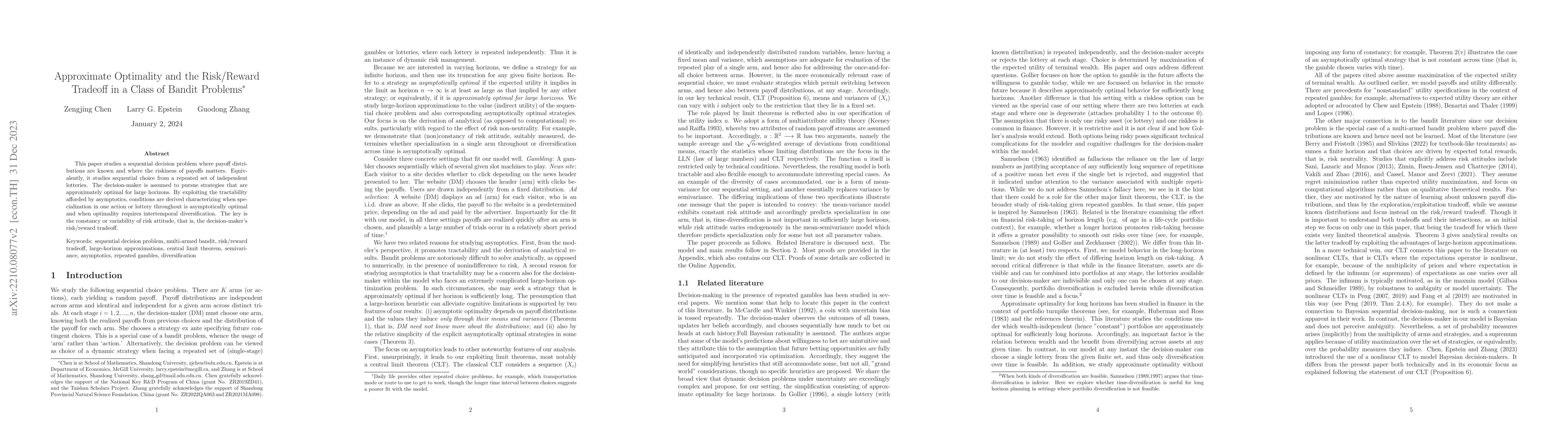 Thumbnail for Approximate optimality and the risk/reward tradeoff in a class of bandit
  problems