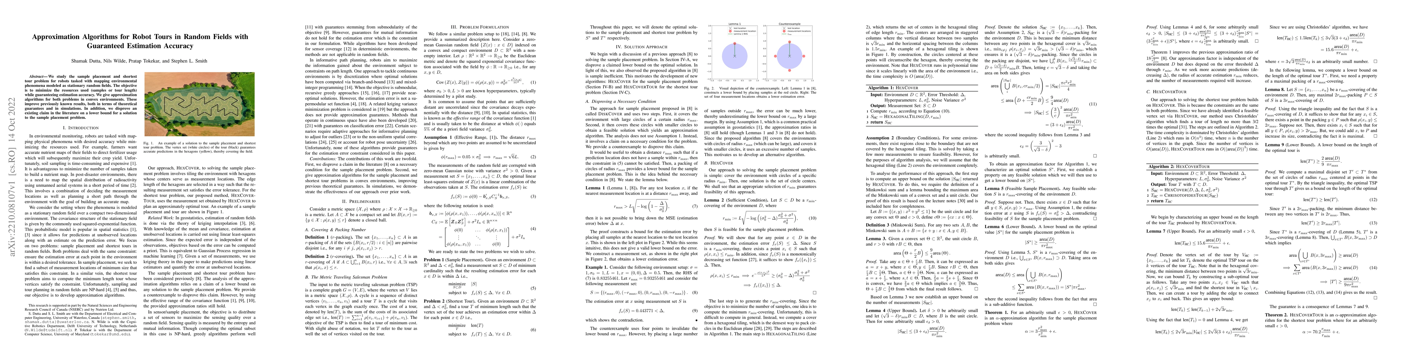 Thumbnail for Approximation Algorithms for Robot Tours in Random Fields with
  Guaranteed Estimation Accuracy