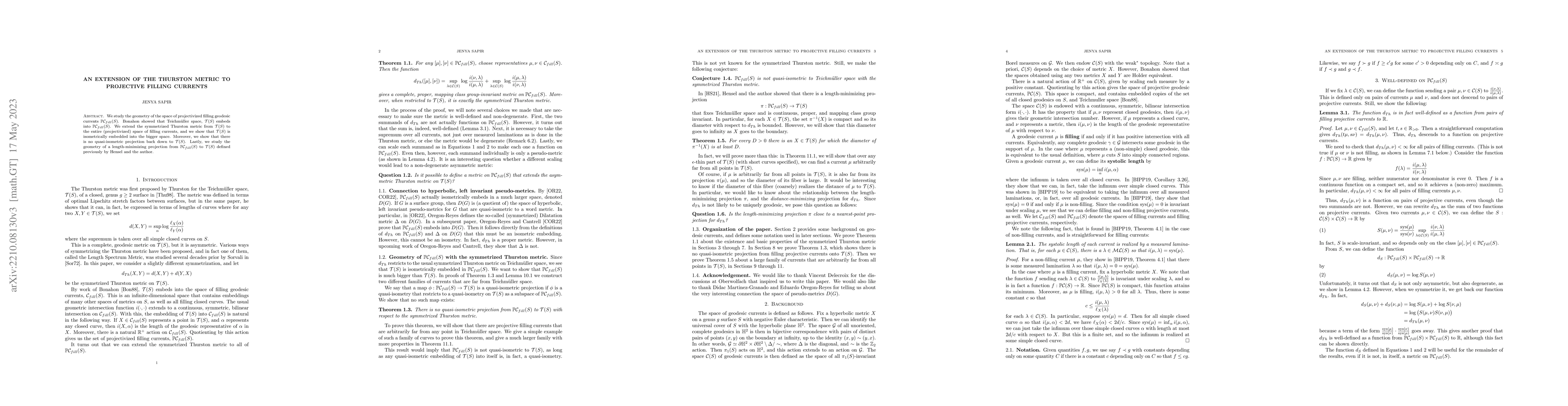Thumbnail for An extension of the Thurston metric to projective filling currents