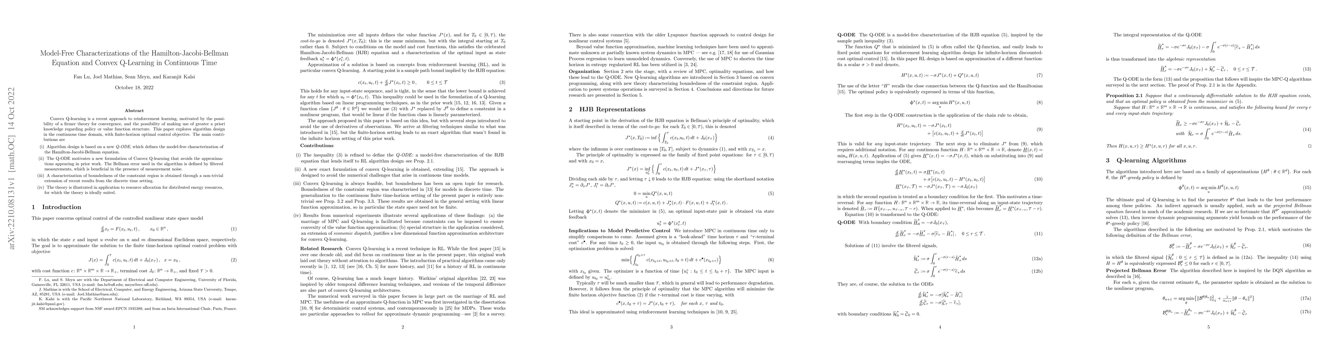 Thumbnail for Model-Free Characterizations of the Hamilton-Jacobi-Bellman Equation and
  Convex Q-Learning in Continuous Time