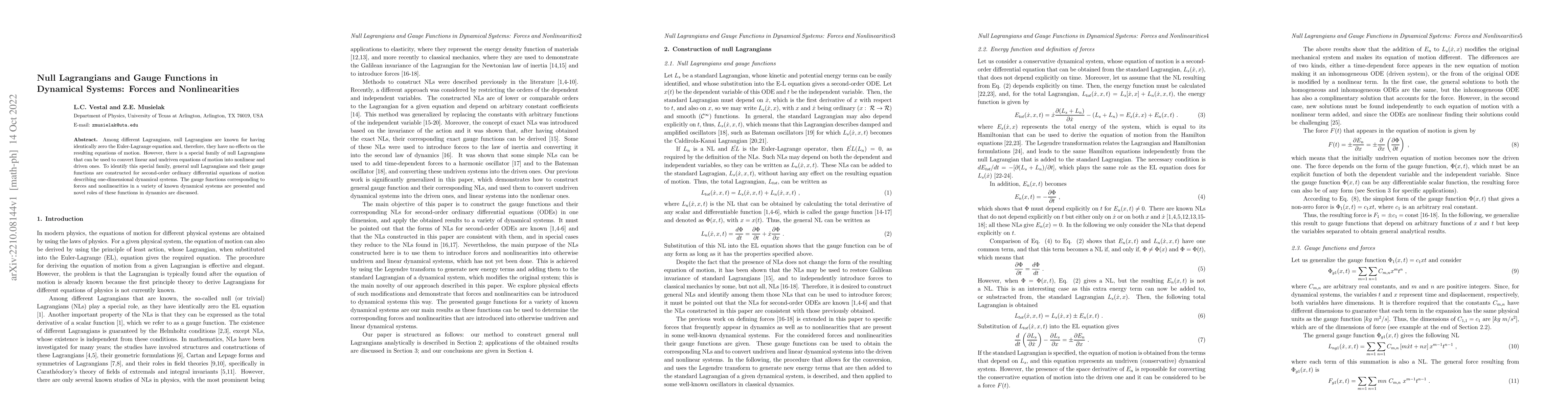 Thumbnail for Null Lagrangians and Gauge Functions in Dynamical Systems: Forces and
  Nonlinearities