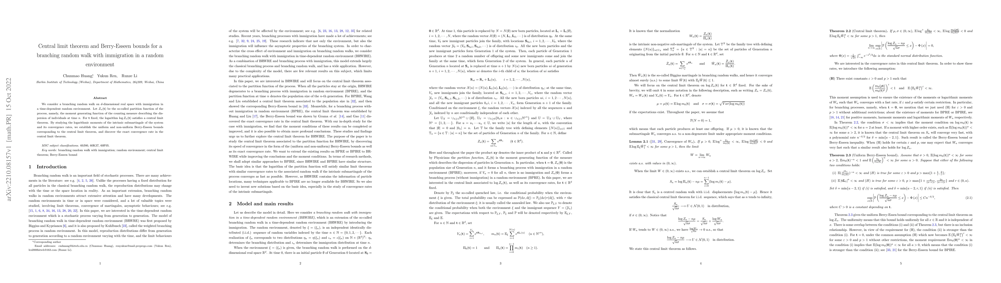 Thumbnail for Central limit theorem and Berry-Esseen bounds for a branching random
  walk with immigration in a random environment