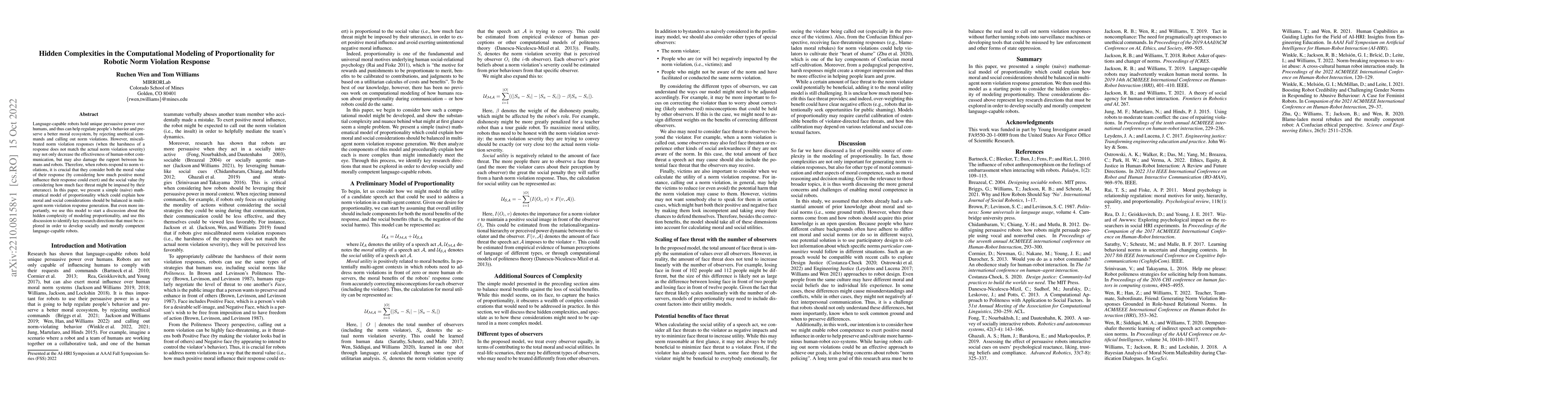 Thumbnail for Hidden Complexities in the Computational Modeling of Proportionality for
  Robotic Norm Violation Response
