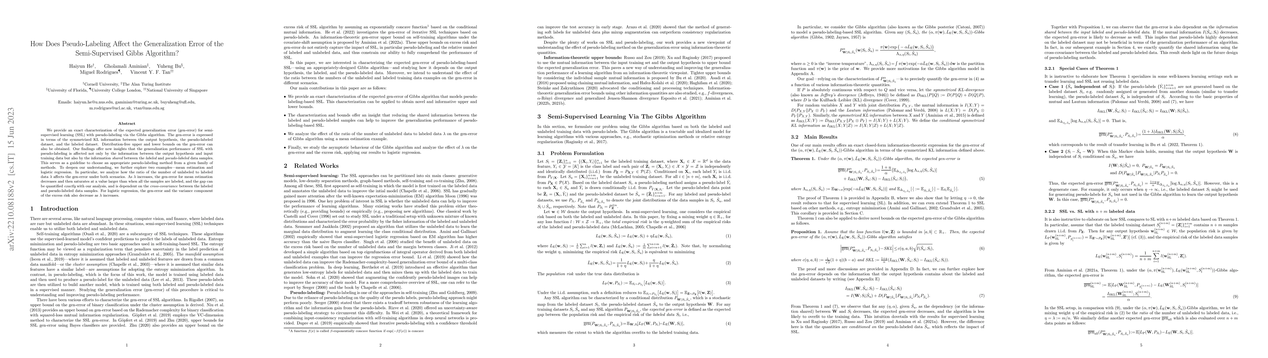 Thumbnail for How Does Pseudo-Labeling Affect the Generalization Error of the
  Semi-Supervised Gibbs Algorithm?