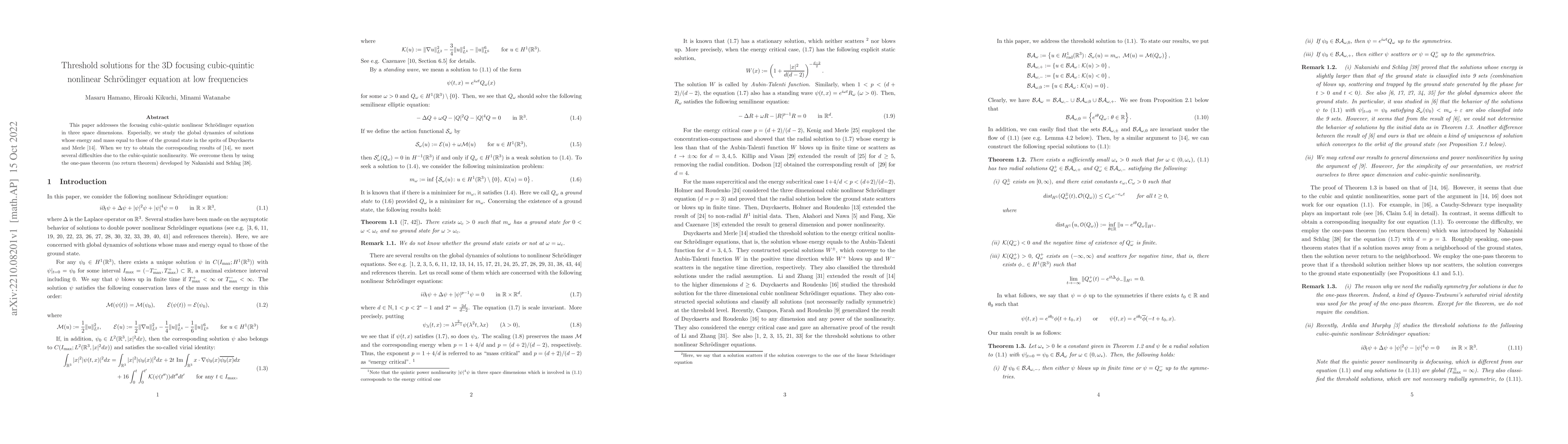 Thumbnail for Threshold solutions for the 3D focusing cubic-quintic nonlinear
  Schrodinger equation at low frequencies