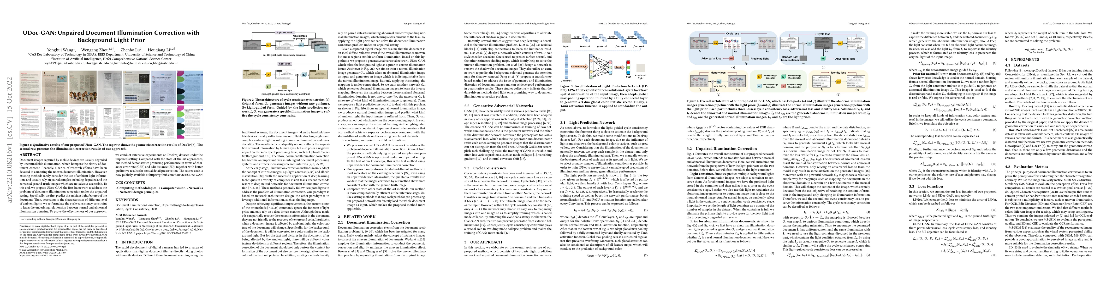 Thumbnail for UDoc-GAN: Unpaired Document Illumination Correction with Background
  Light Prior