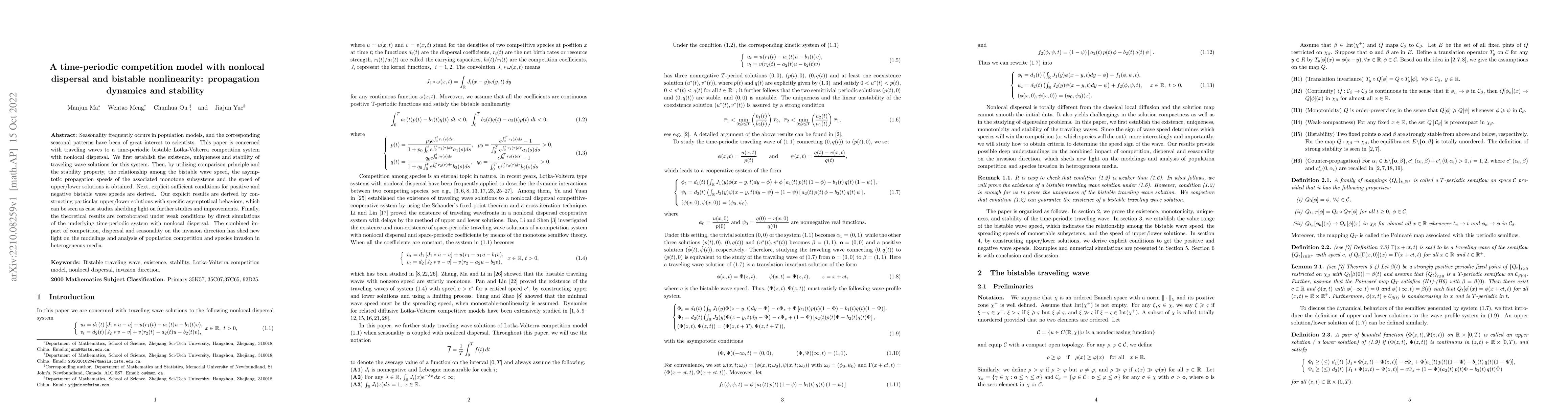 Thumbnail for A time-periodic competition model with nonlocal dispersal and bistable
  nonlinearity: propagation dynamics and stability