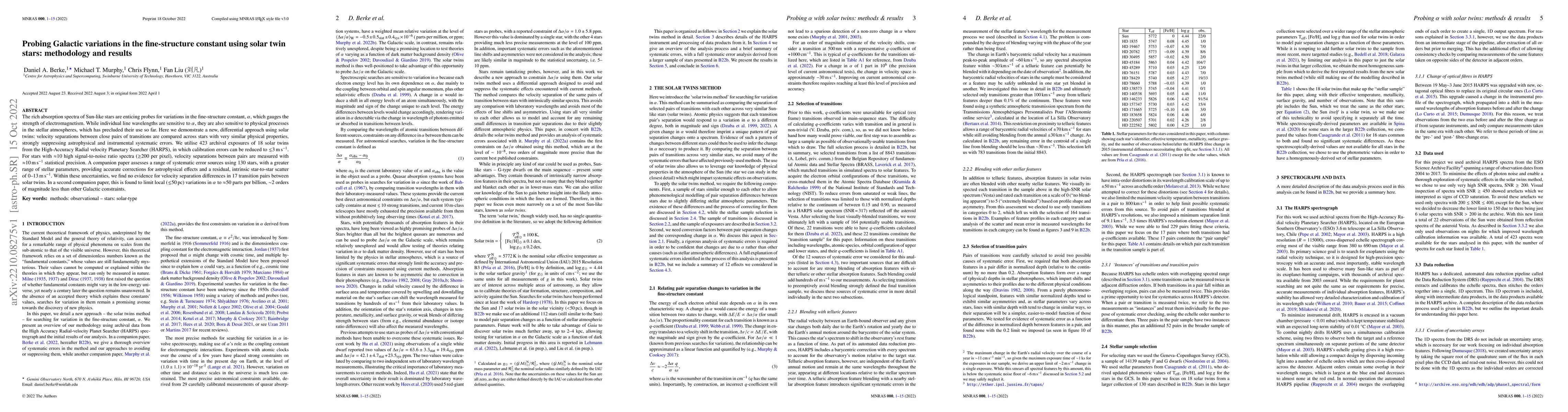Thumbnail for Probing Galactic variations in the fine-structure constant using solar
  twin stars: methodology and results