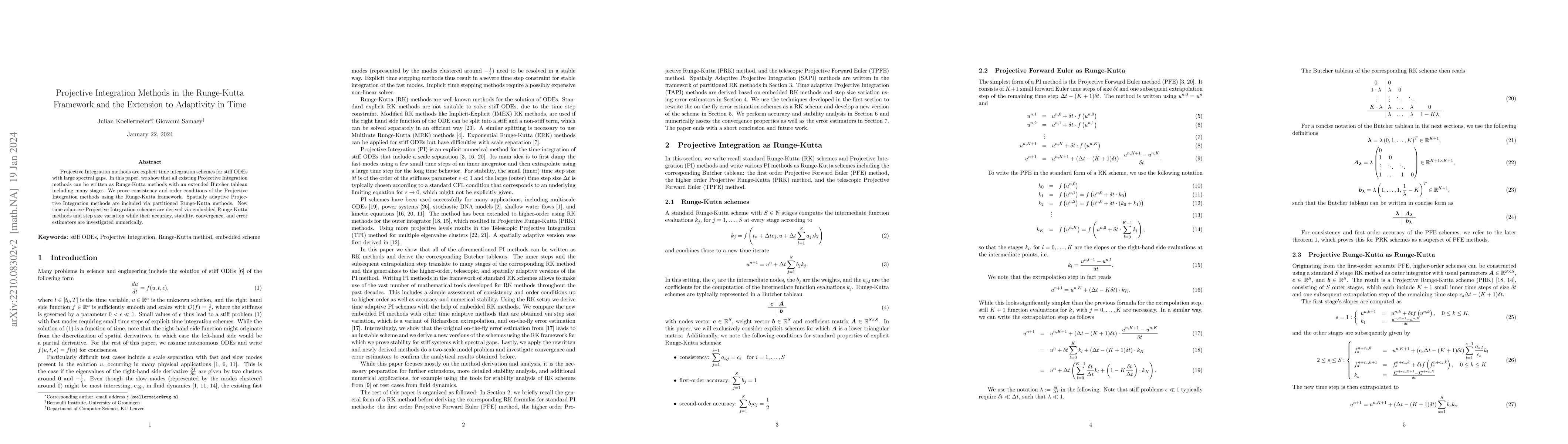 Thumbnail for Projective Integration Methods in the Runge-Kutta Framework and the
  Extension to Adaptivity in Time