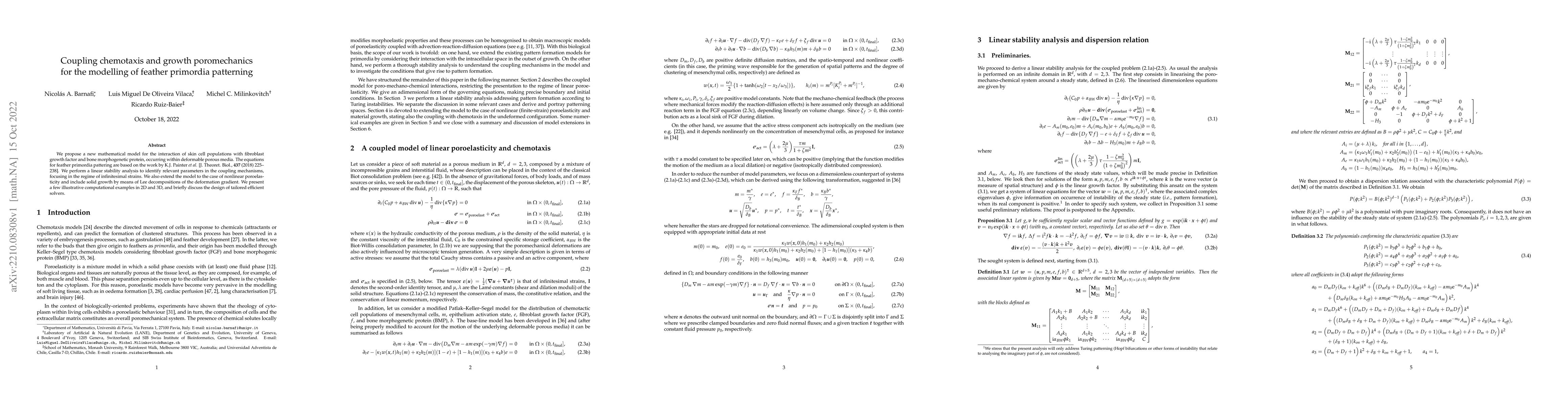 Thumbnail for Coupling chemotaxis and growth poromechanics for the modelling of
  feather primordia patterning