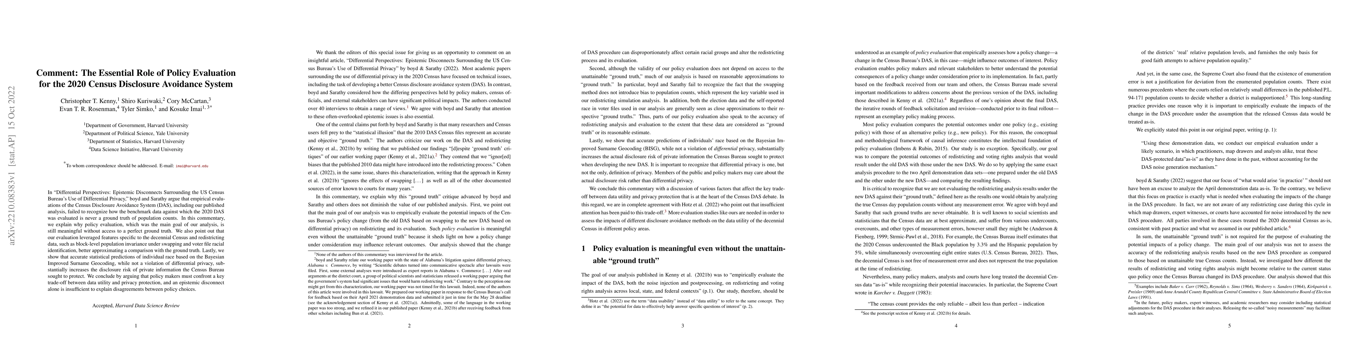 Thumbnail for Comment: The Essential Role of Policy Evaluation for the 2020 Census
  Disclosure Avoidance System