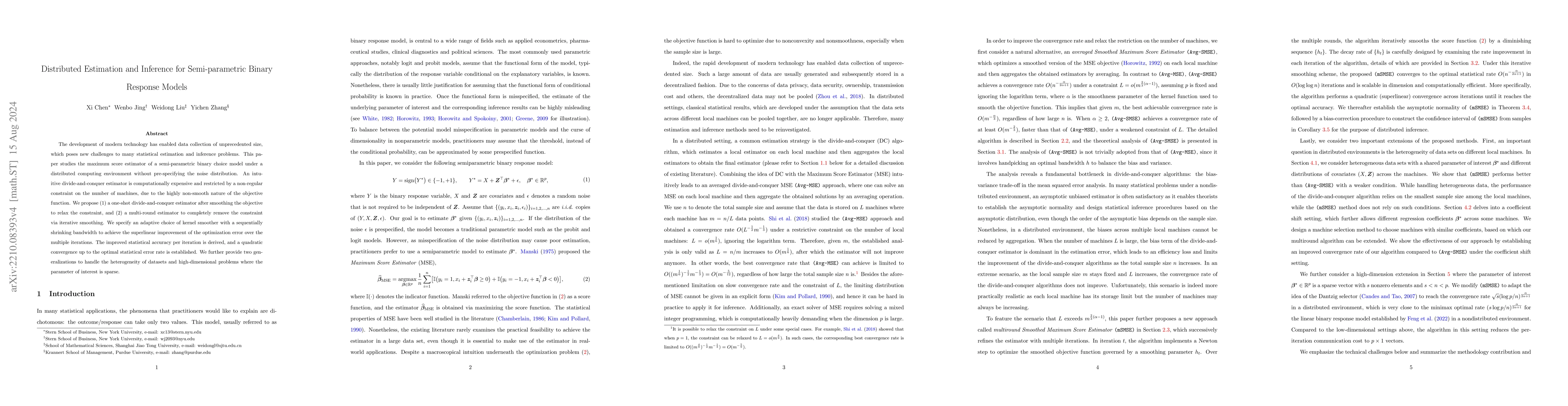 Thumbnail for Distributed Estimation and Inference for Semi-parametric Binary Response
  Models